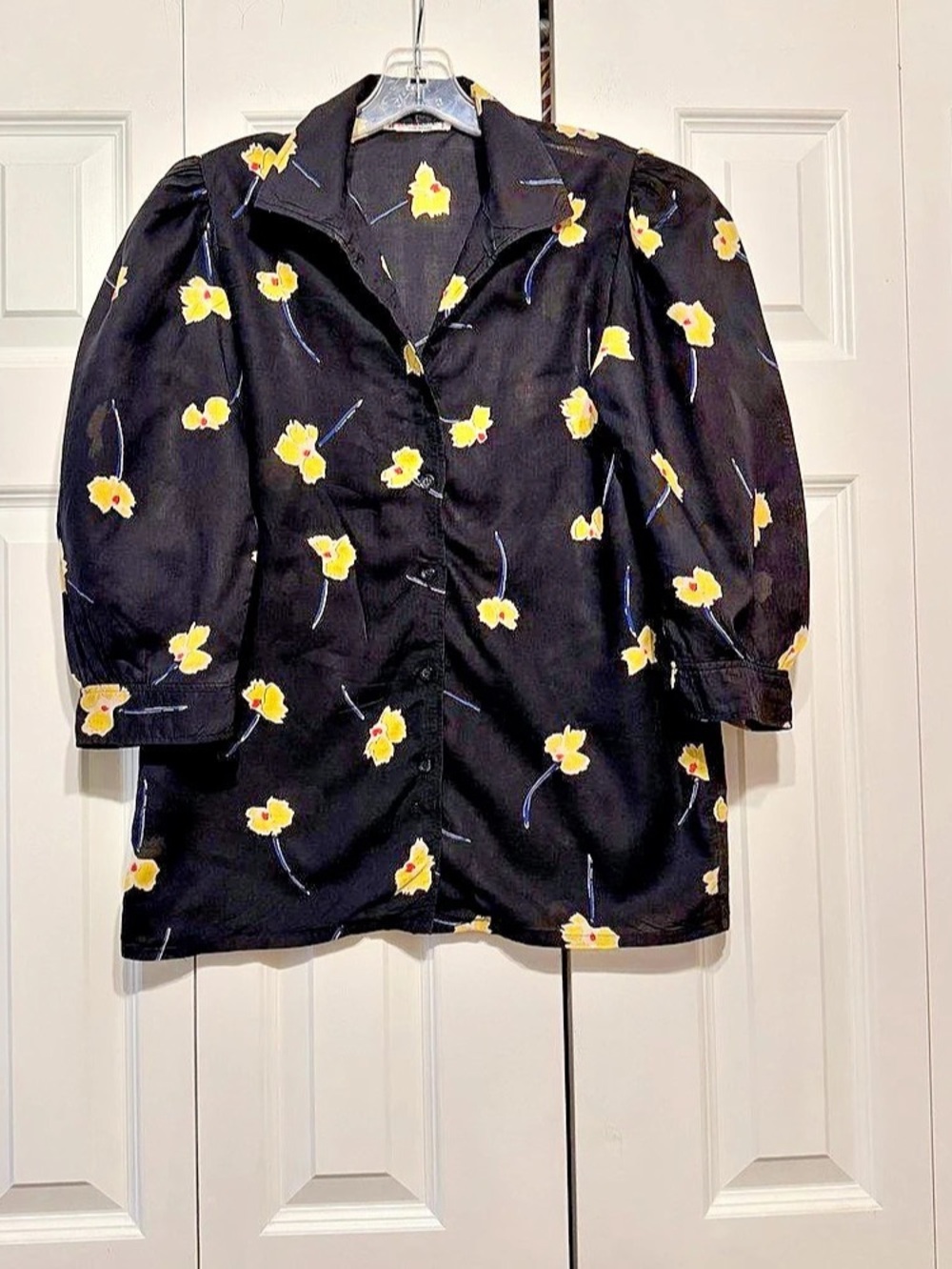 1980's YVES SAINT LAURENT black cotton blouse with poppy print